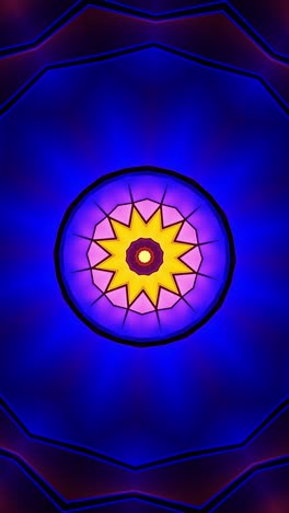circular object with yellow center surrounded by blue. kaleidoscope vj loop vertical
