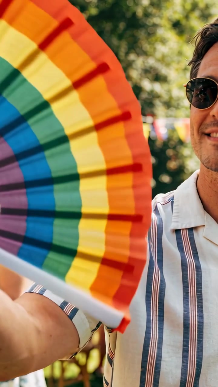 Vertical video: Holding man moving rainbow fan revealing smile, shades for park party, copy space