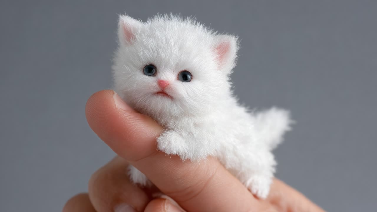 A Charming Scene Featuring an Adorable White Kitten Relaxing Cozy on a Person's Finger, Highlighting Its Fluffy Fur, Cute Expression, and Playful Nature