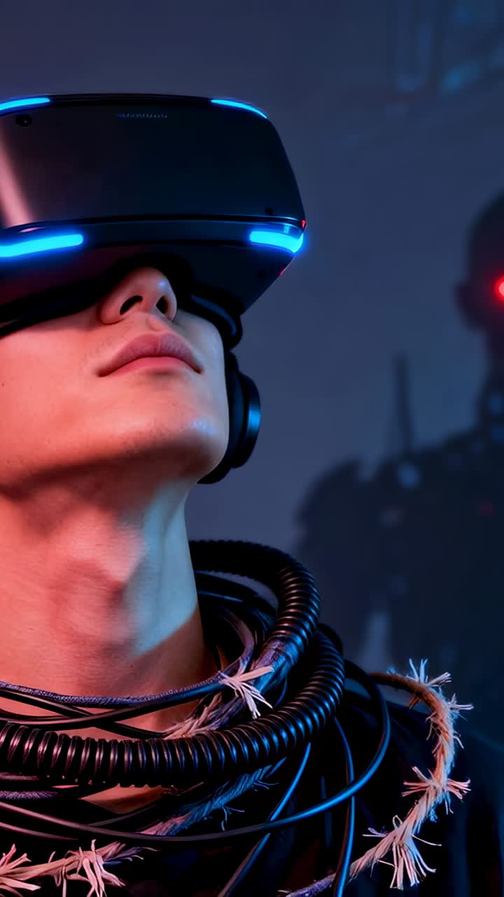 Vertical video: LEDs glowing, Asian man tilting up in lab testing VR headset, cables, frayed ties