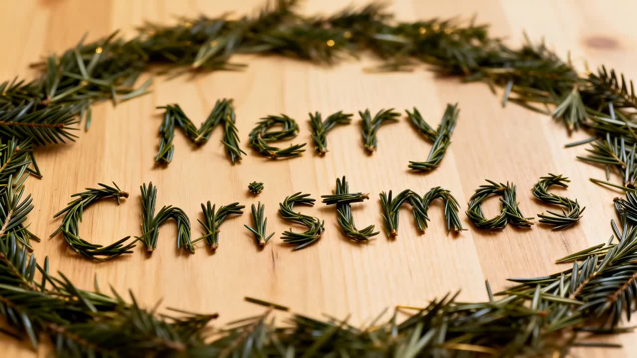 Moving camera closing in showing 'Merry Christmas' needle wreath on wood tabletop with gold flecks