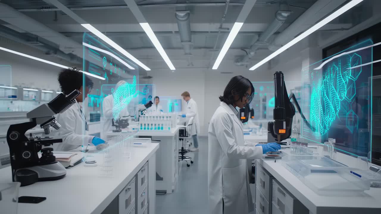 Futuristic lab scene with scientists, shot from a side angle, showcasing holographic tech