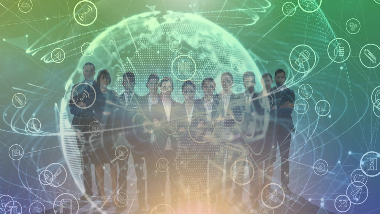 사업가 그룹에 대한 아이콘과 글로브와의 연결 네트워크의 애니메이션