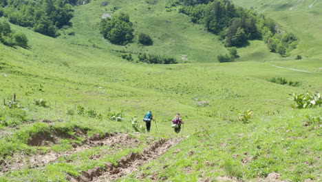 following two hikers walking downhill in a beautiful swiss landscape