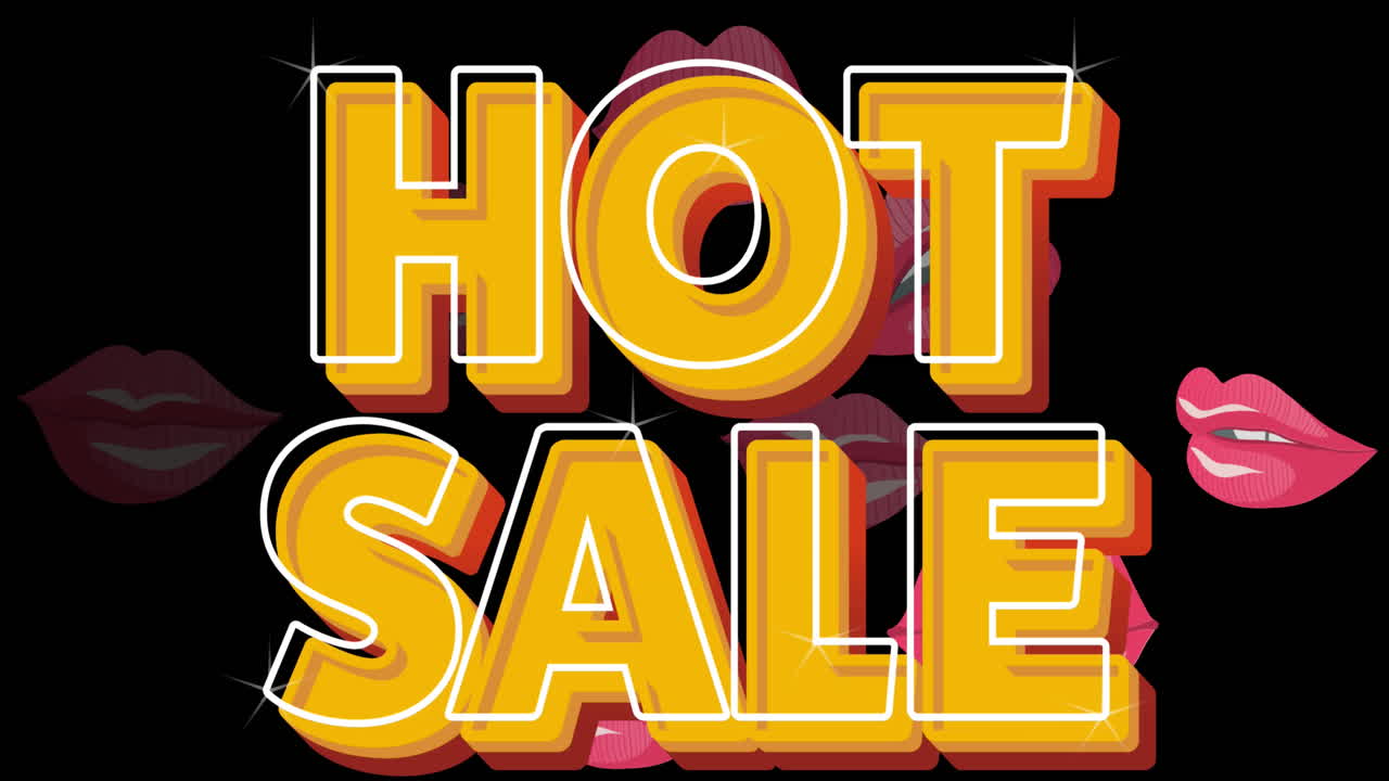 검은색 배경에 판매 텍스트와 립 아이콘의 애니메이션