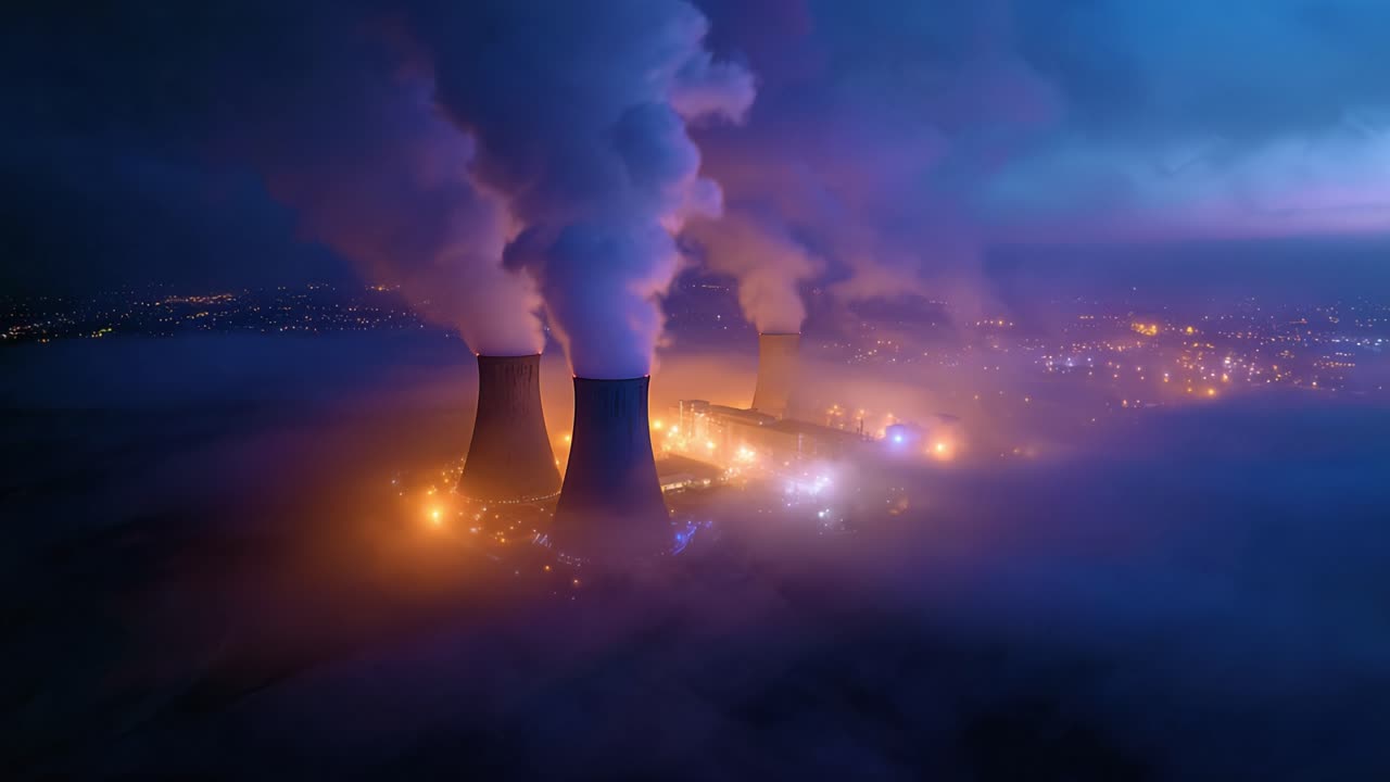 Vista aerea surreale di un paesaggio industriale con massicce torri di raffreddamento che emettono vapore in mezzo a una nebbia vibrante al crepuscolo, che mostra un connubio tra natura e tecnologia.