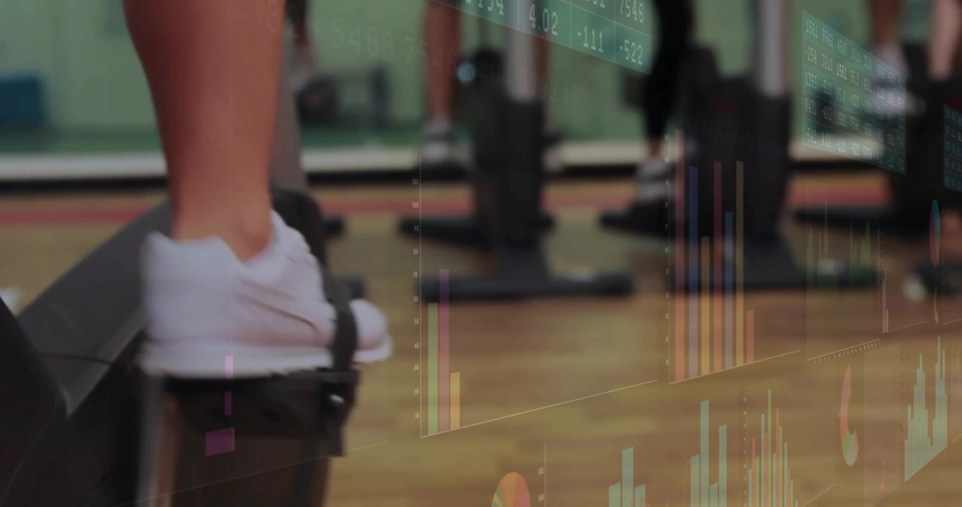 Right foot stepping platform, exerciser shifting weight syncing chart overlays illustrating metrics