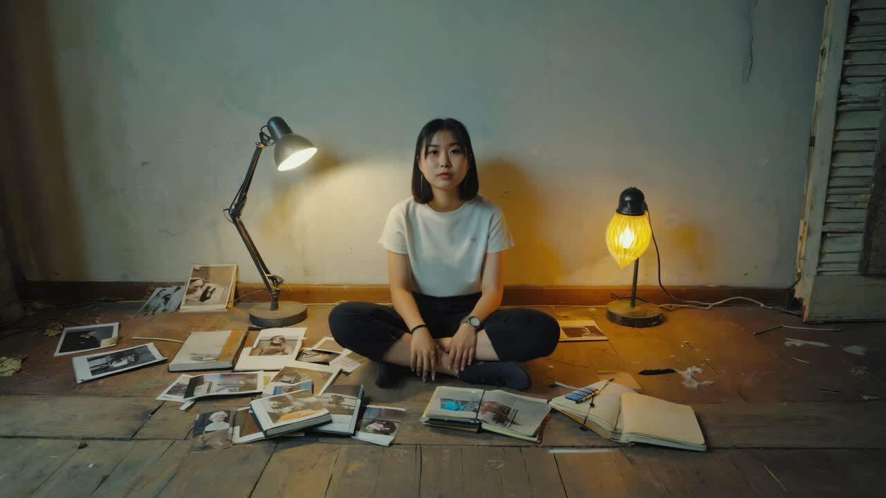 Woman sitting surrounded by photos and books