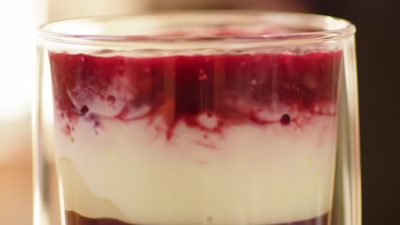 Delicious Layered Dessert: A Close-Up on a Creamy Delight with Red Berries Forming an Enticing Top Layer in a Transparent Glass Presentation