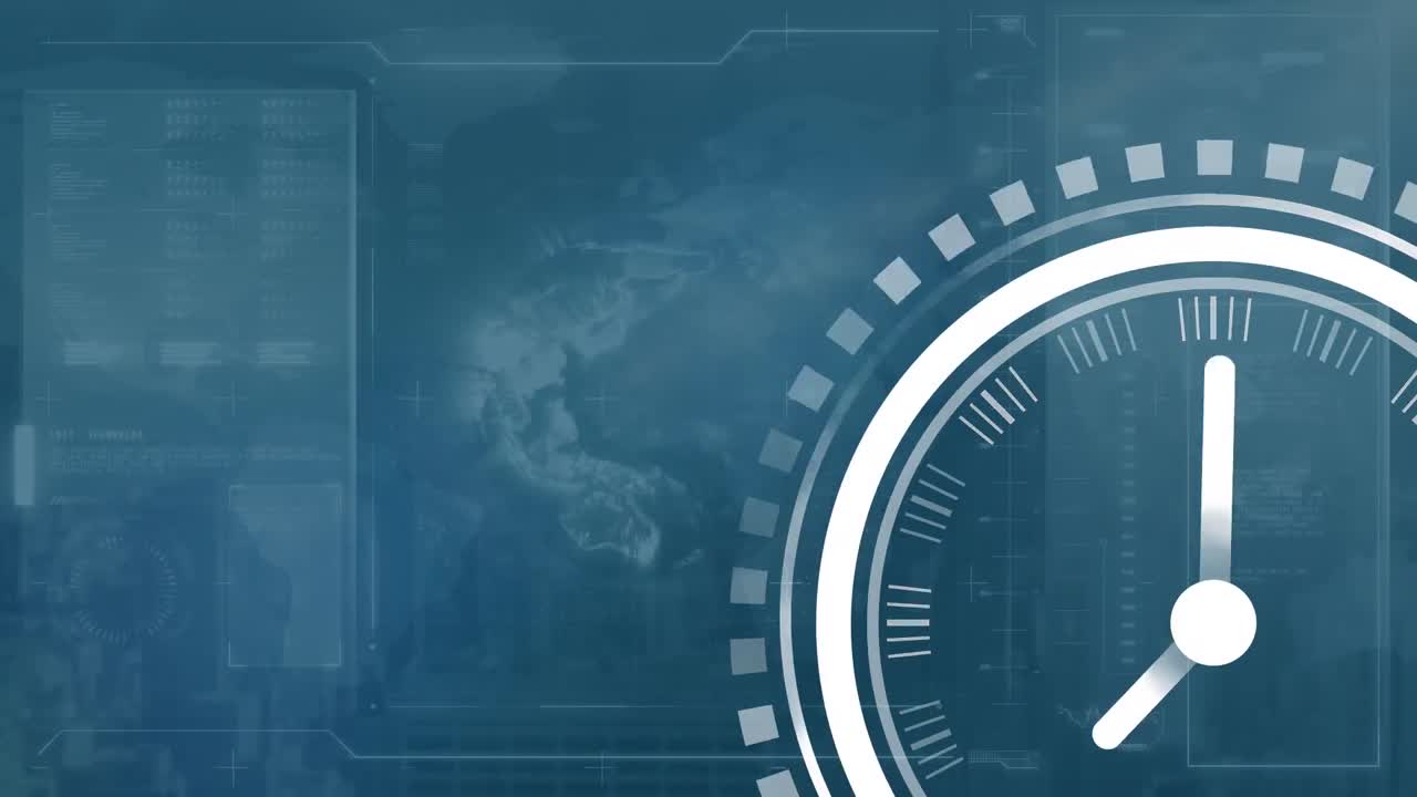 animación del reloj sobre la interfaz con el globo y el procesamiento de datos contra un fondo azul