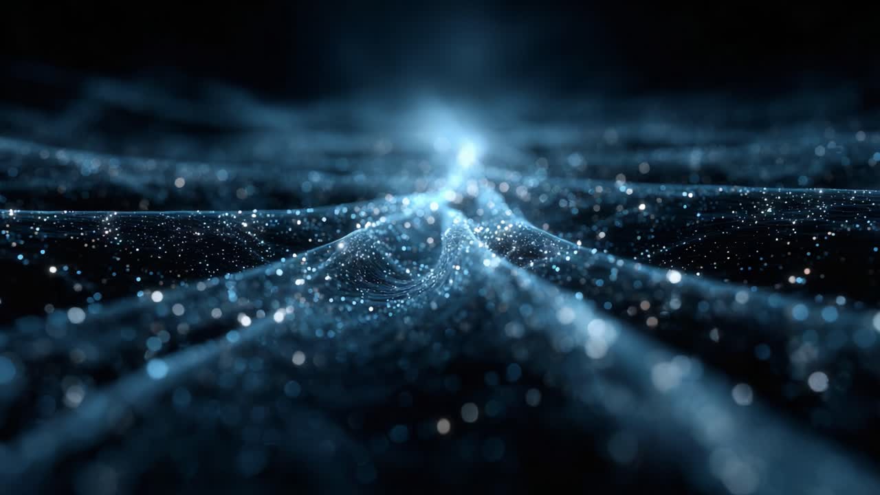 A Stunning Visual Journey Through a Cosmic Landscape of Vibrant Blue Particles and Ethereal Light Waves Floating in a Darkened Space