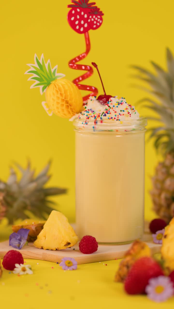 Frullato all'ananas con panna montata che cola, circondato da frutta, su sfondo giallo vivace, inquadratura fissa