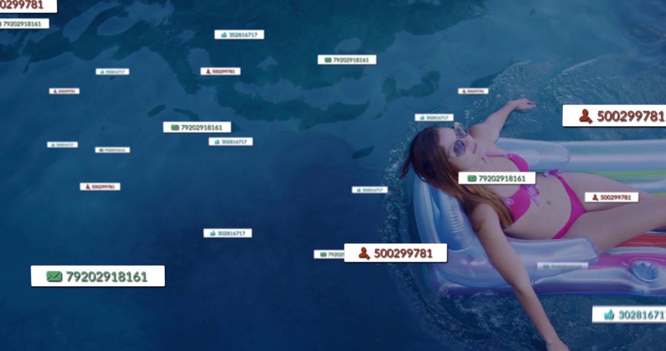 Vertical video: Woman lying on float drifting cursor circling labels over float enabling tech data