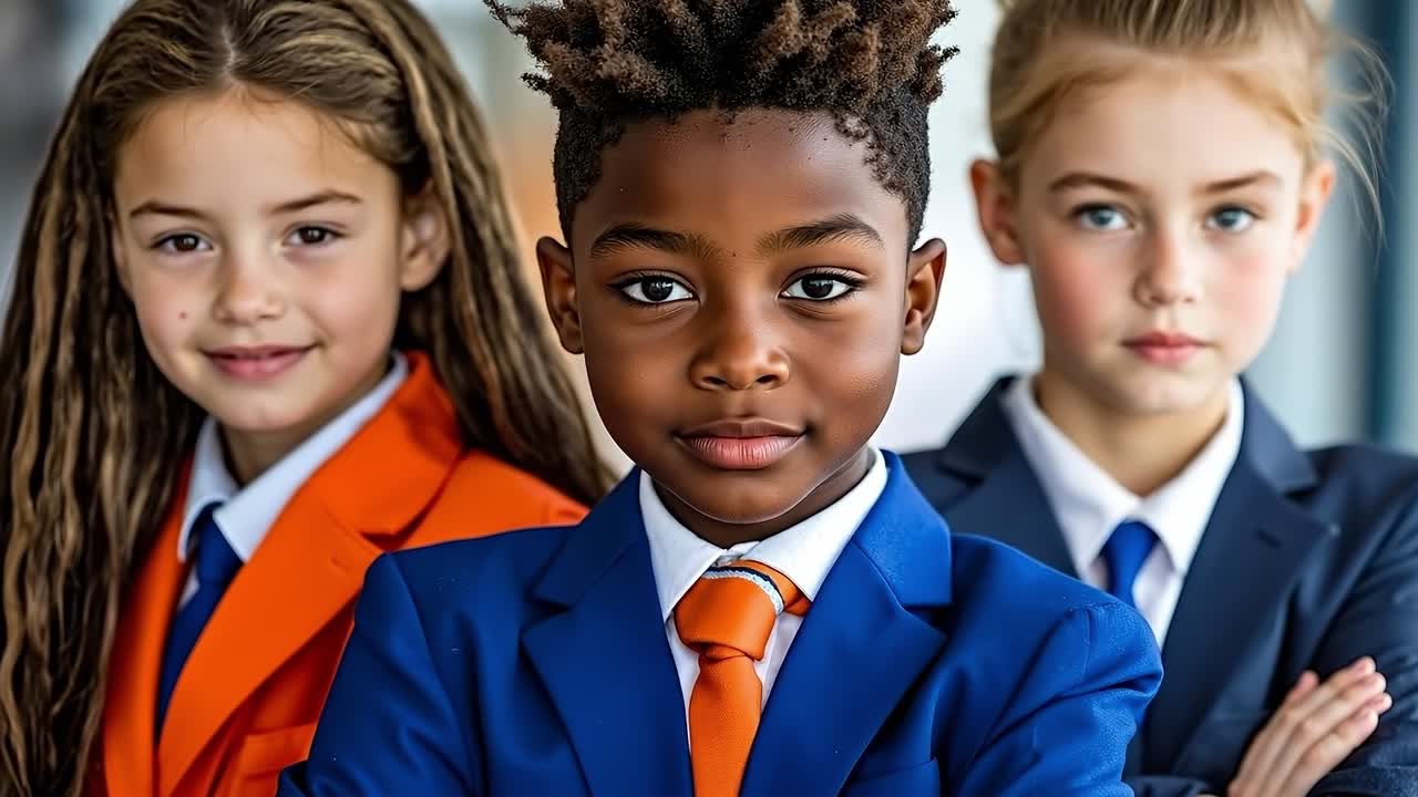 A group of three young children in school uniforms posing for a picture