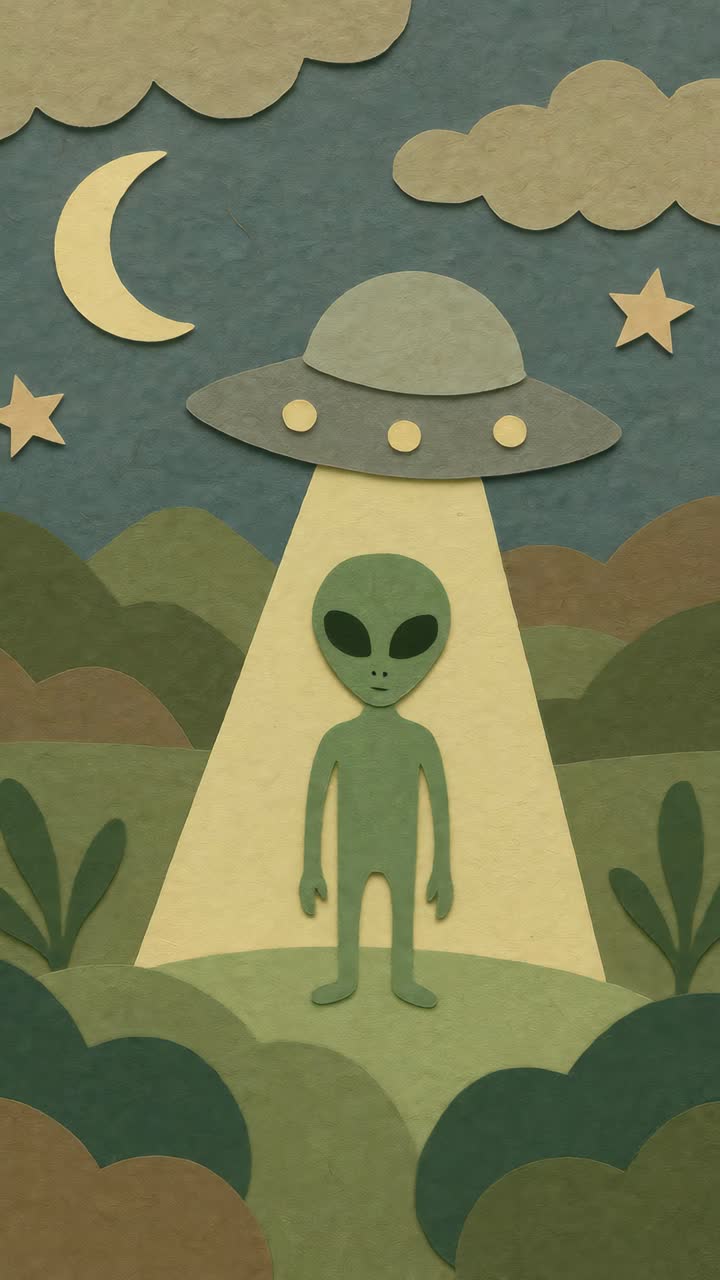 Whimsical video concept art of an alien under a UFO's spotlight
