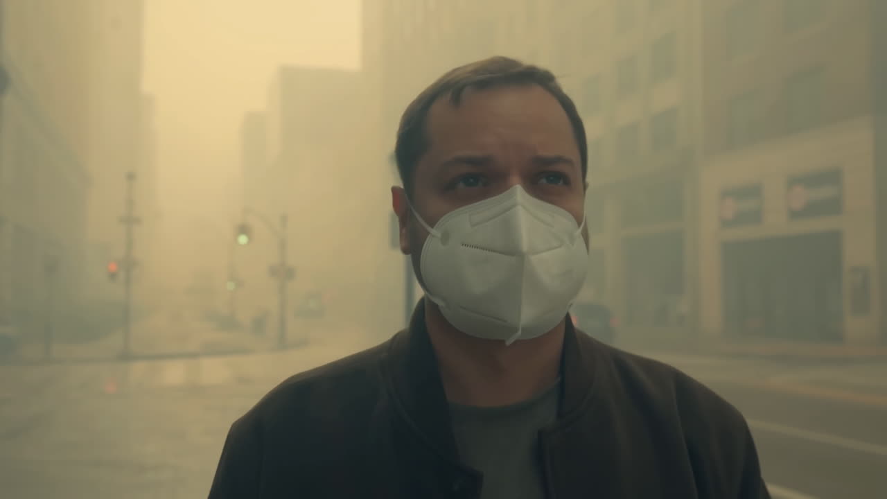 Homem branco mascarado em rua com névoa, um único viajante faz uma pausa no centro embaçado usando um respirador médico enquanto as ruas estão vazias.