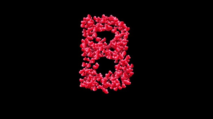 Animazione della lettera B con particelle a forma di cuore su sfondo trasparente