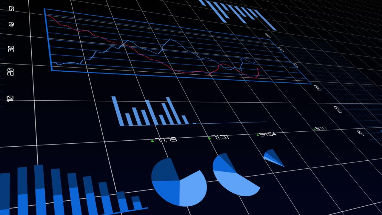 animación de múltiples gráficos, cambios de números y círculos de carga sobre fondo negro