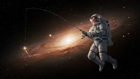 an astronaut fishing in the cosmic depths: captivating image of space exploration and leisure amidst galaxies, combining adventure with serenity