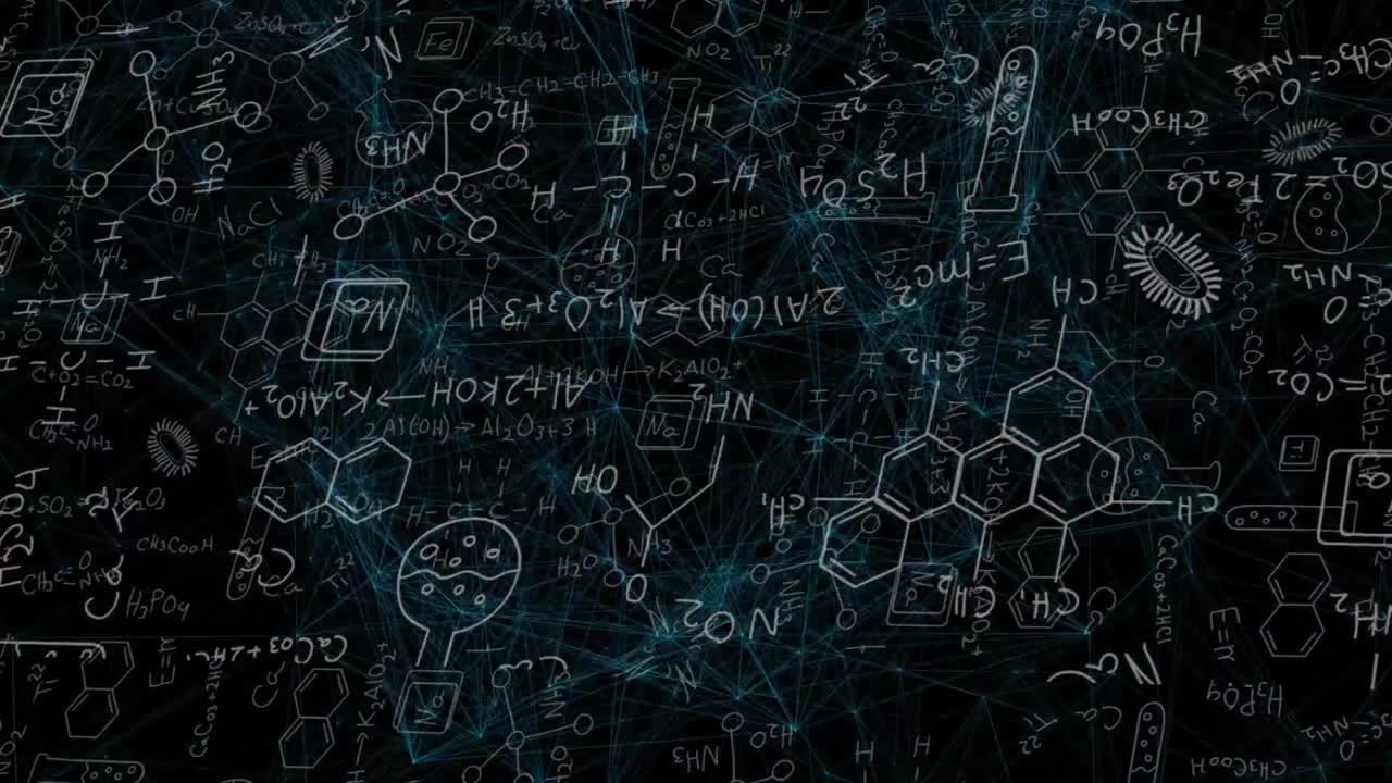 Teal filaments forming network and shifting chalk-white chemical sketches showing connectivity