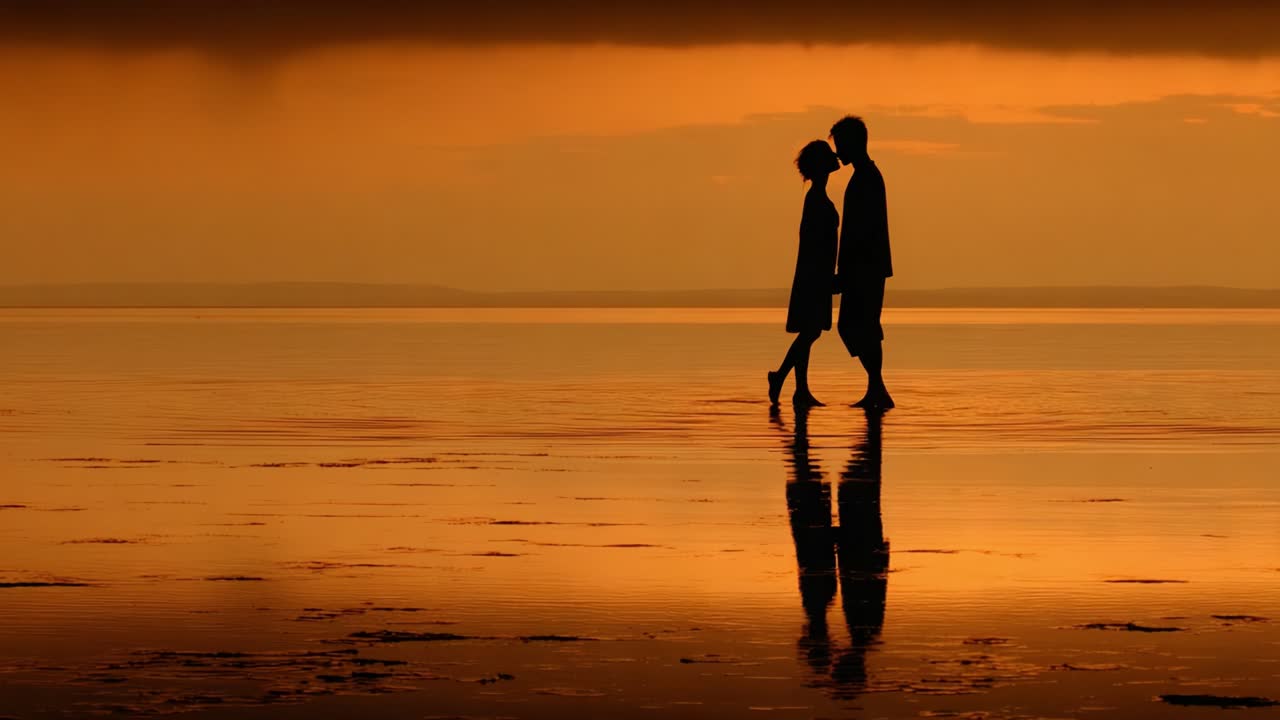 A Romantic Sunset Embrace: A Couple Sharing a Tender Moment Against the Backdrop of a Golden Horizon Reflecting on Calm Waters