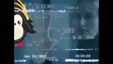 Animation-of-screen-with-glitch-and-penguin-over-android-woman