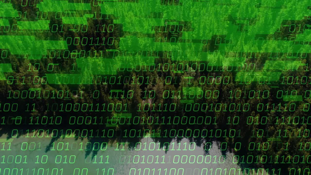 Binaire cijfers zweven over turkooisblauw meerwater en vormen groene codeblokken die de bosrand bedekken.