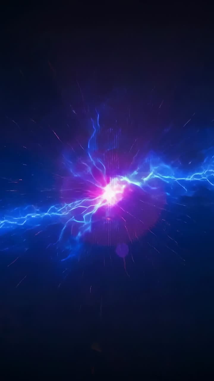Video verticale: nucleo rosa emergente che emana un arco blu e punte ramificate, scaricandosi in un vuoto oscuro