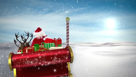 Animación-De-Santa-Claus-En-Trineo-Con-Regalos-De-Navidad-Y-Nieve-Cayendo-En-El-Paisaje-Invernal