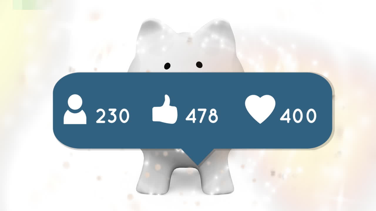 animación de la alcancía y los iconos de los medios sobre un fondo blanco