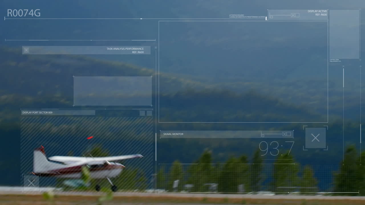 Animation of small airplane taking off with digital data overlay against mountains