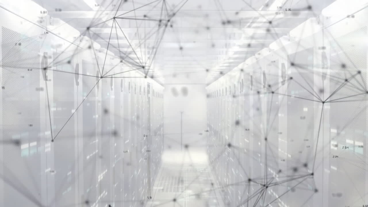 Network of connections and data processing animation over server room environment