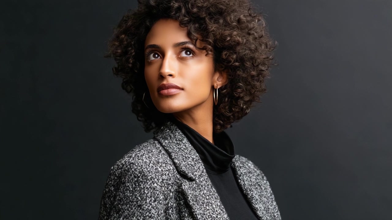 Elegant Portrait Series: Captivating Expressions of a Confident Woman with Stunning Curly Hair and Fashionable Attire Against a Minimalist Background