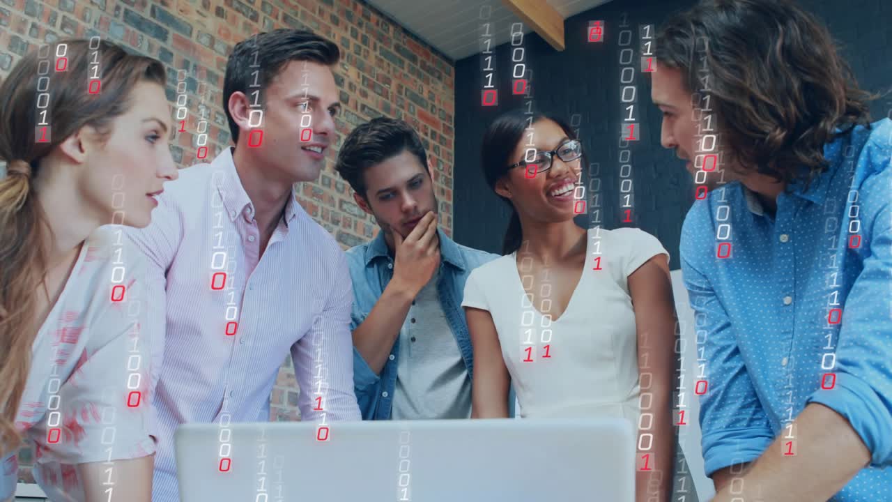 Professionals listening to man speaking and pointing at laptop, with code overlay aiding analysis