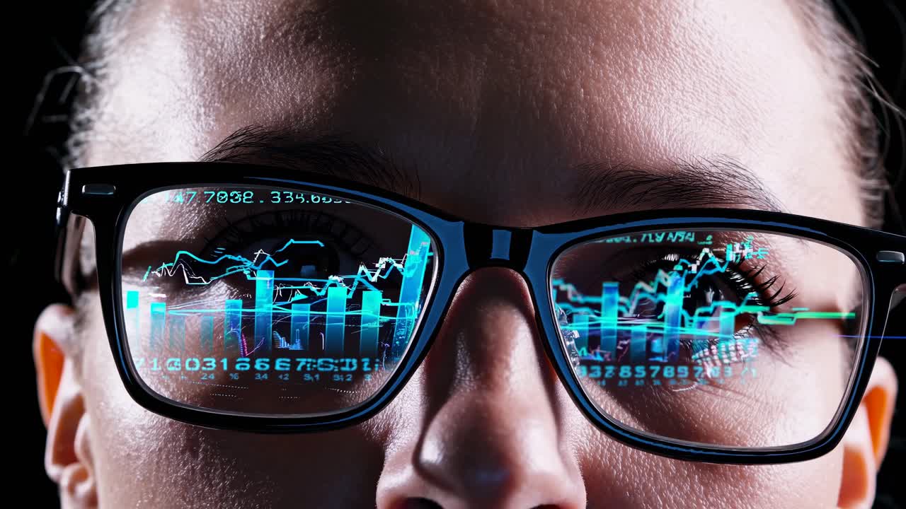 Close-up angle of a person wearing glasses reflecting stock market graphs, conveying a futuristic
