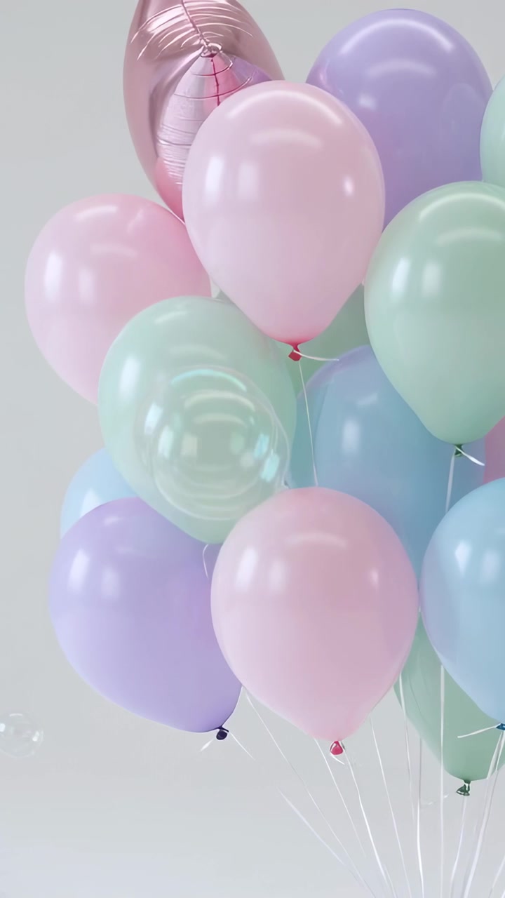 Video verticale: Palloncini pastello che ondeggiano in studio a causa di correnti d'aria, con un palloncino color oro rosa e bolle.