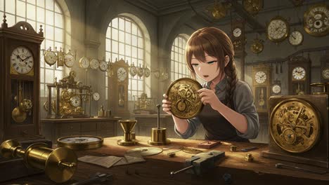 a passionate craftsman: an artisan delicately assembles intricate clockwork mechanisms in a vintage workshop surrounded by antique timepieces and tools