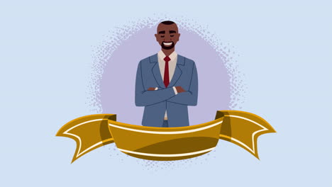 afro businessman with golden ribbon animation