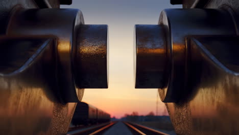 close-up of a train coupling on railway tracks at sunset