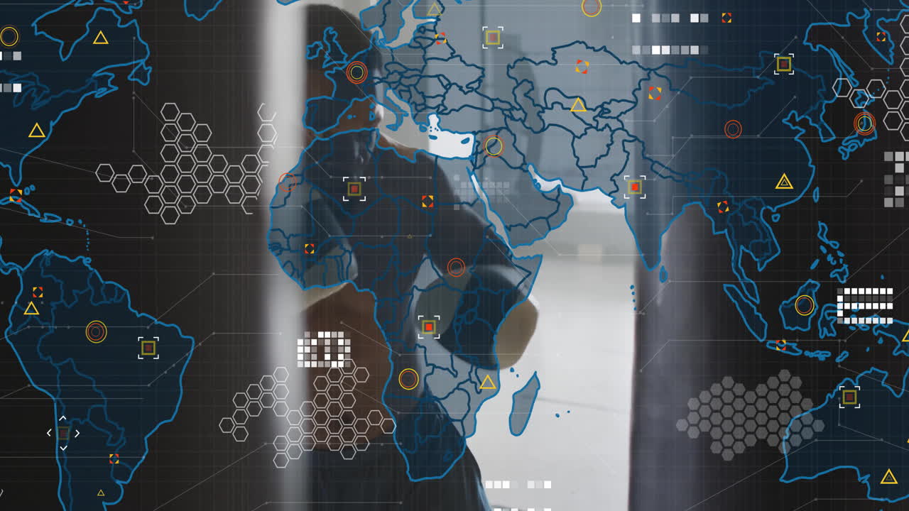 Animation of world map with data points and network over person silhouette