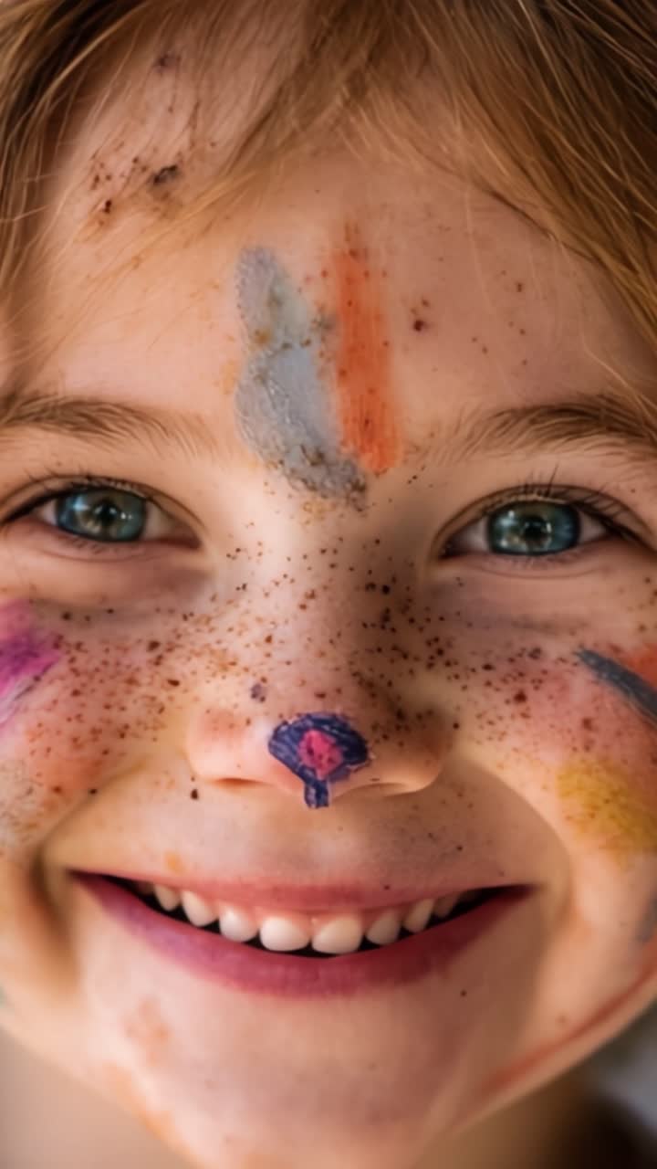 Ein fröhliches Kind, das mit bunter Gesichtsbemalung und spielerischem Ausdruck Kreativität auslebt und die Essenz von kindlichem Spaß und künstlerischer Entfaltung einfängt.