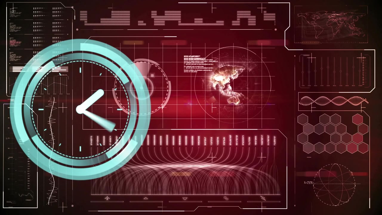Animation of clock moving over data processing on black background