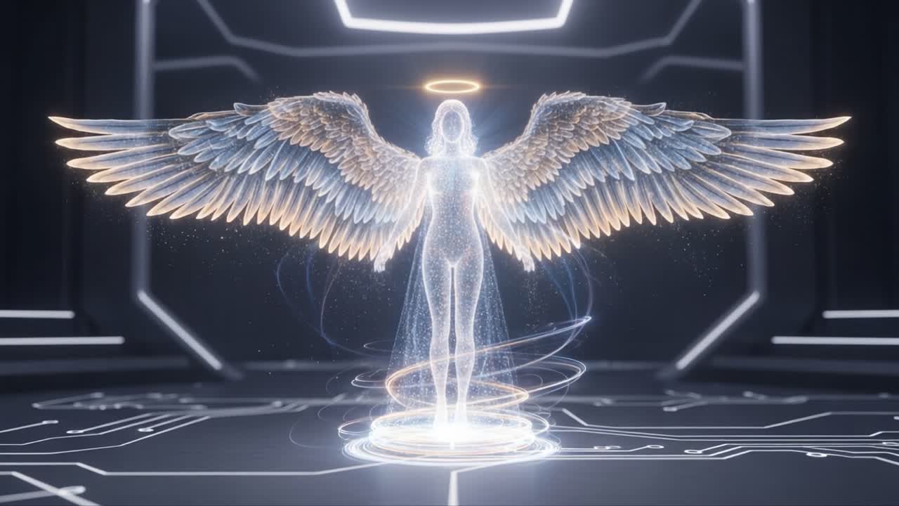 A Radiant Angelic Figure with Ethereal Wings Illuminating a Futuristic Environment, Blending Technology and Spirituality in a Striking Visual Display