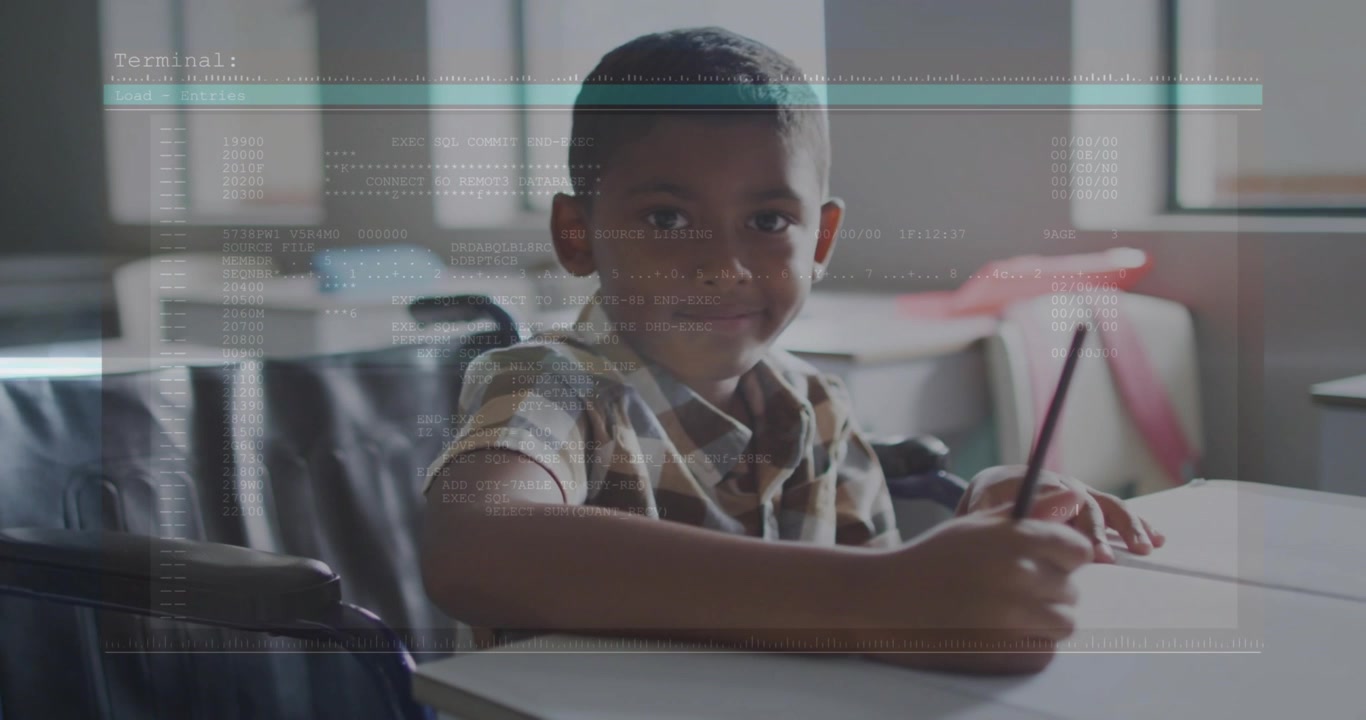 Schoolboy beginning writing in classroom, initiating scrolling code overlay for digital learning