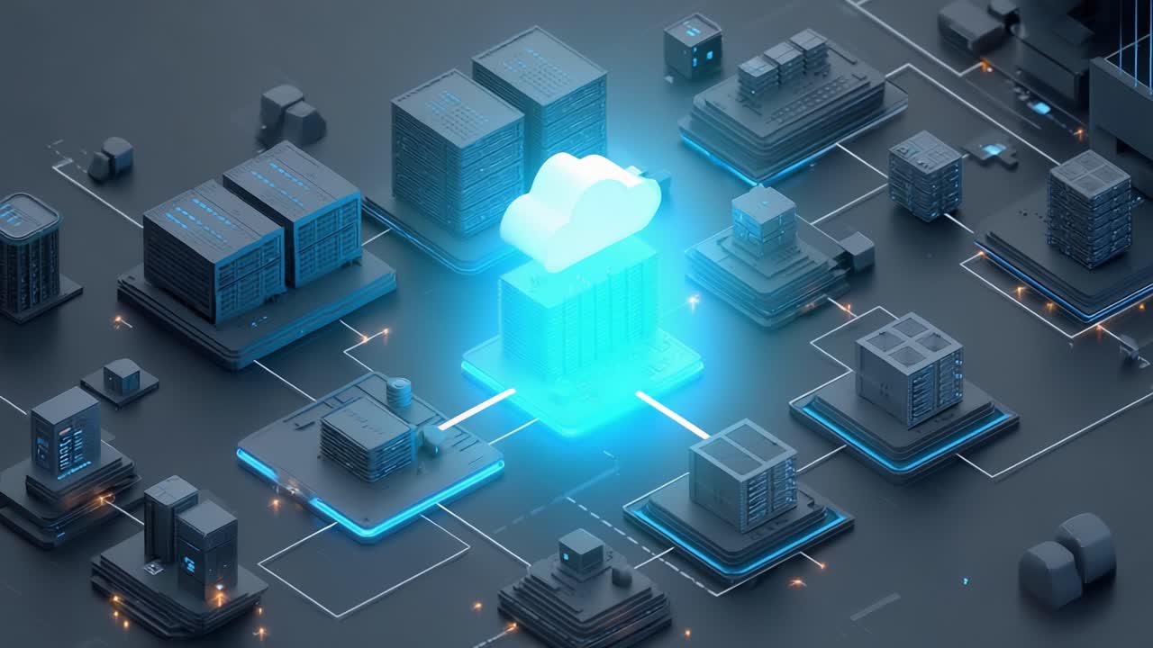 A Dynamic Cloud Computing Network Illustration Highlighting Data Management and Integration Across Futuristic Server Environments, Featuring Centralized Cloud Connections