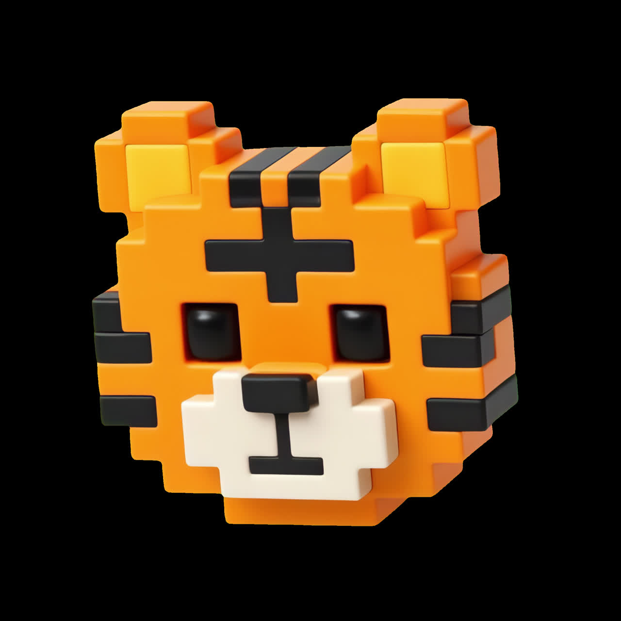 Pixelerede tigeransigt legetøjsanimation isoleret aktiv, transparent 4K-video, alfakanal, ProRes 4444