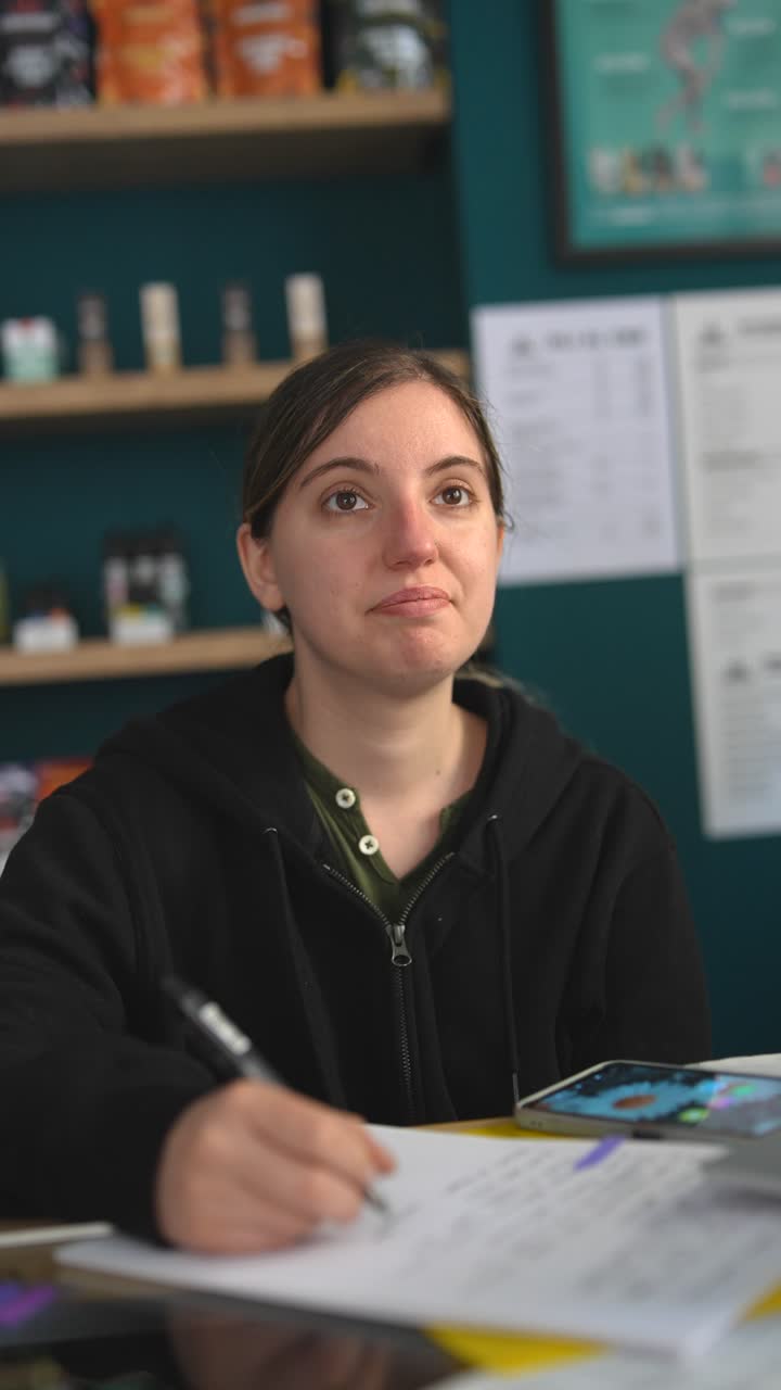 mujer tomando notas en una tienda