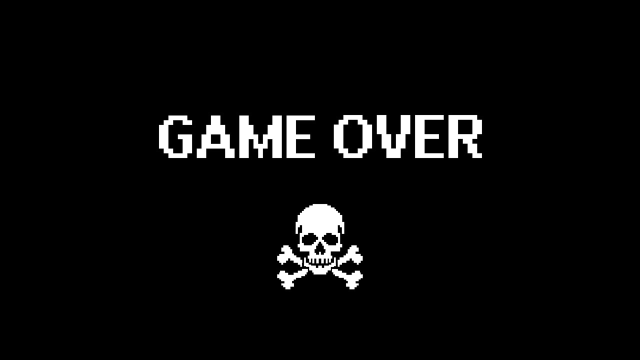 Schermata Game Over in pixel art retrò con teschio e tibie incrociate lampeggianti