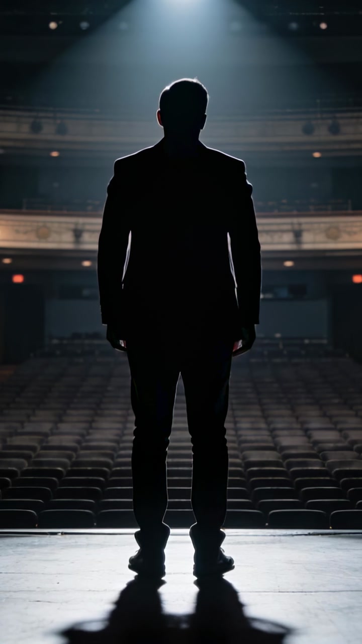 Man standing onstage spotlight activating casting shadow across theater seats while testing lights