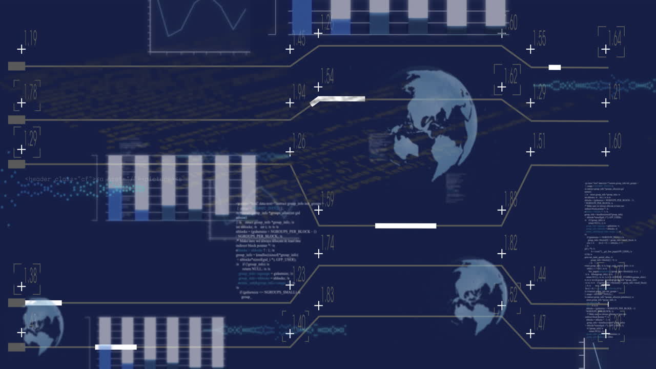 Animation of digital data charts with globe icons on blue background